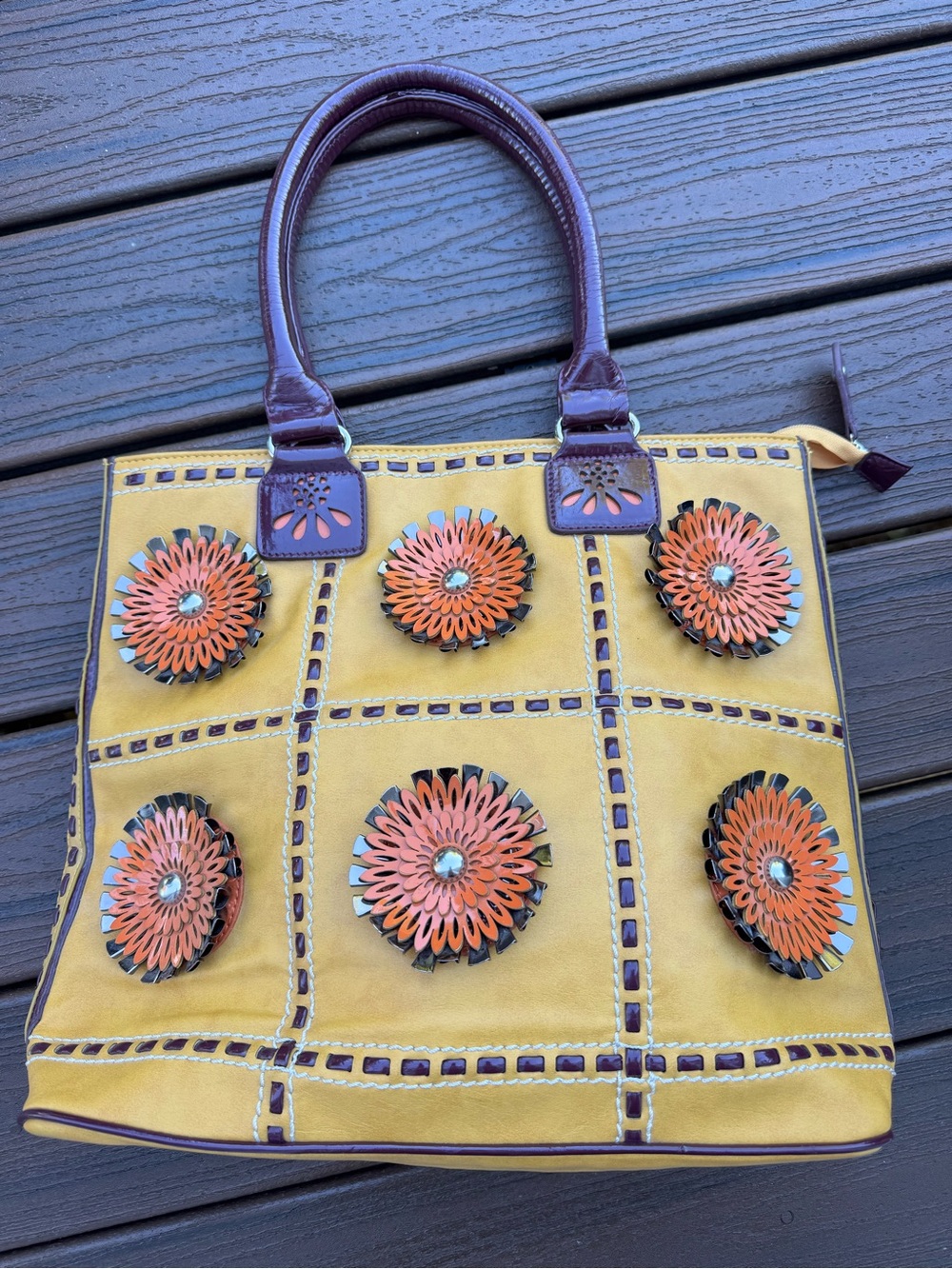 Nicole Lee Yellow Tote with Orange Floral Accents and Brown Handles